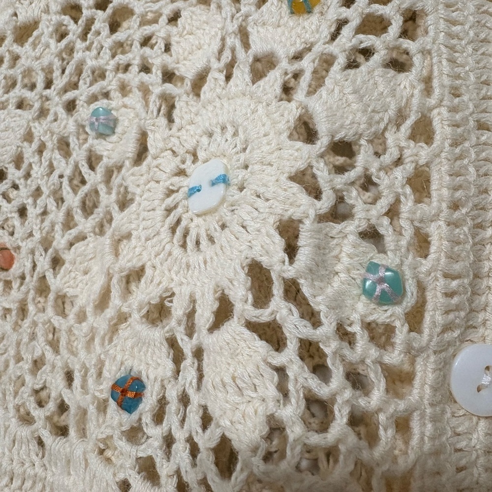 NorthStyle Cream‎ Crochet Open Knit Coastal Boho Cardigan Scalloped Edges Beaded - Picture 8 of 16